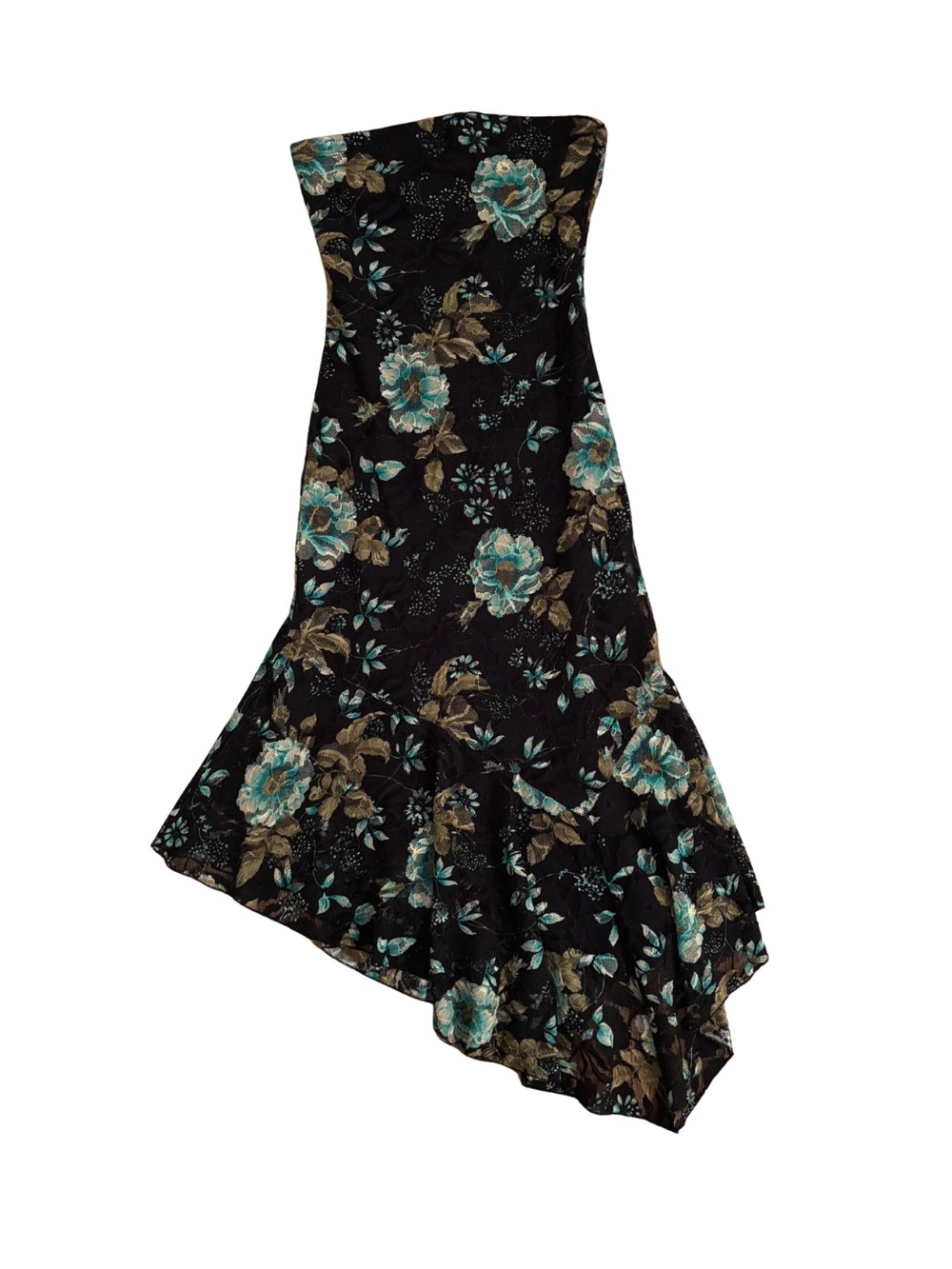 2000’s Le Château Strapless Black Lace Floral Asymmetric Hem Dress